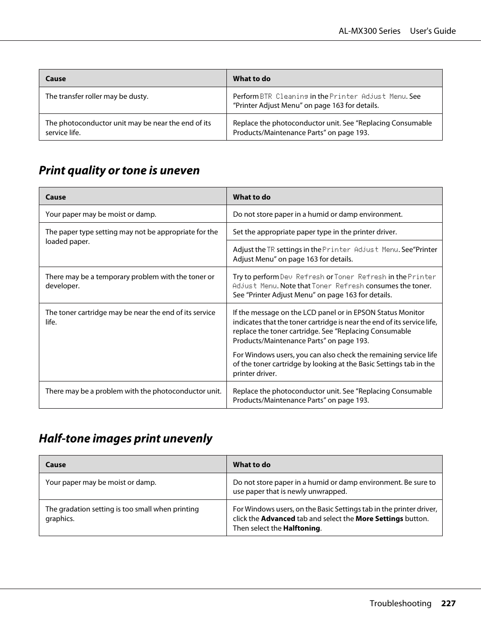 Print quality or tone is uneven, Half-tone images print unevenly | Epson WorkForce AL-MX300DN User Manual | Page 227 / 287