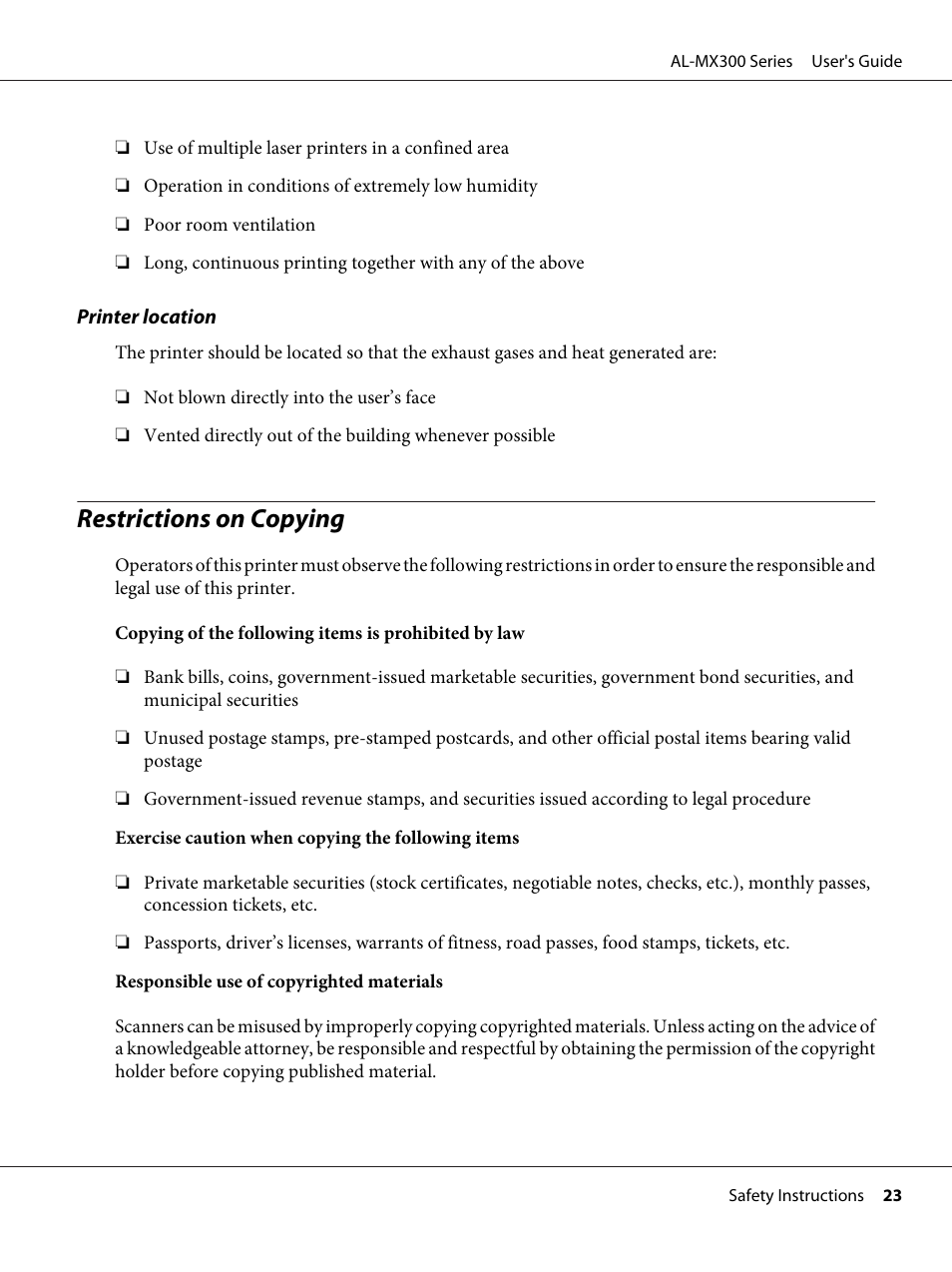 Restrictions on copying | Epson WorkForce AL-MX300DN User Manual | Page 23 / 287