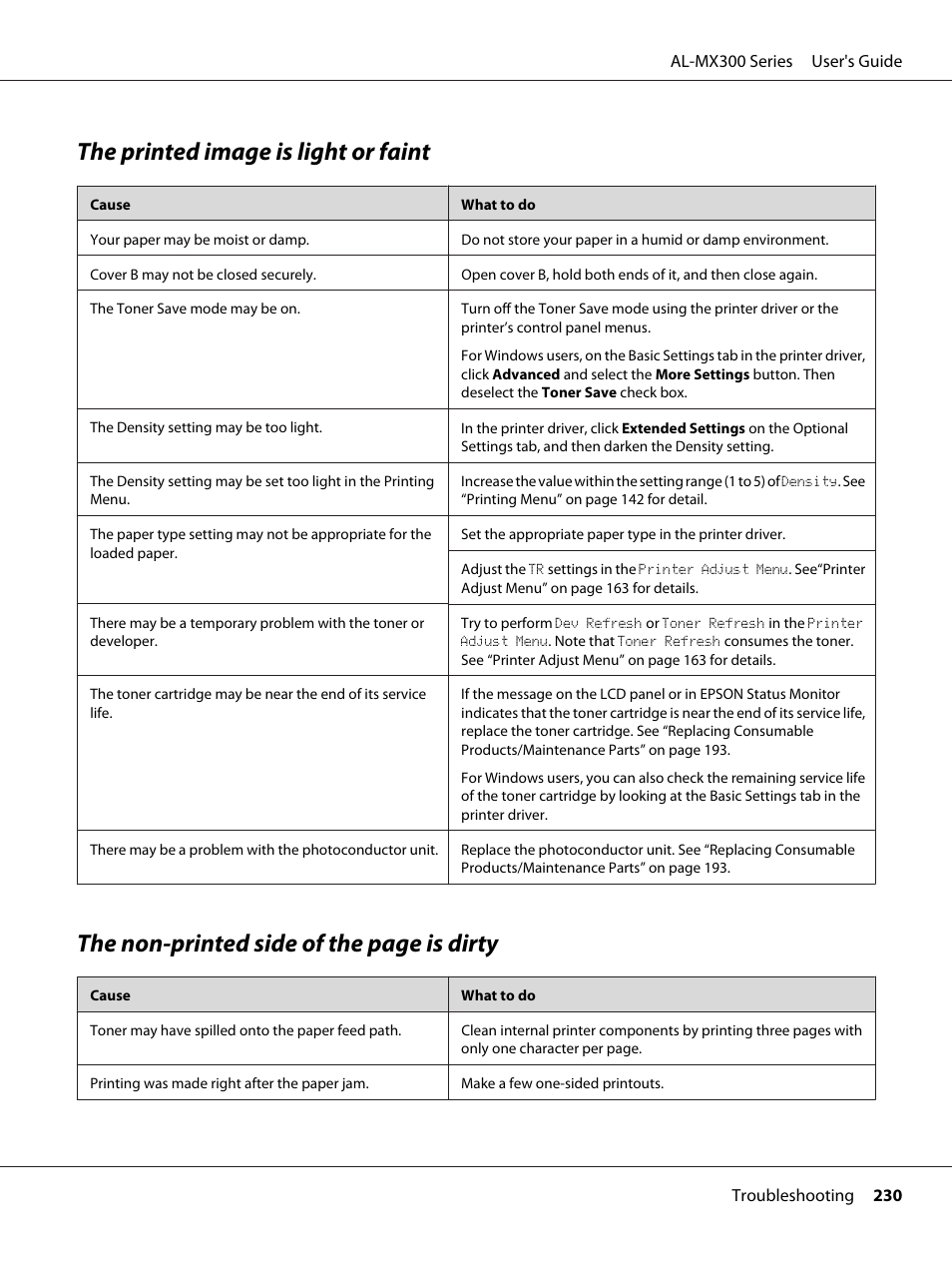 The printed image is light or faint, The non-printed side of the page is dirty | Epson WorkForce AL-MX300DN User Manual | Page 230 / 287