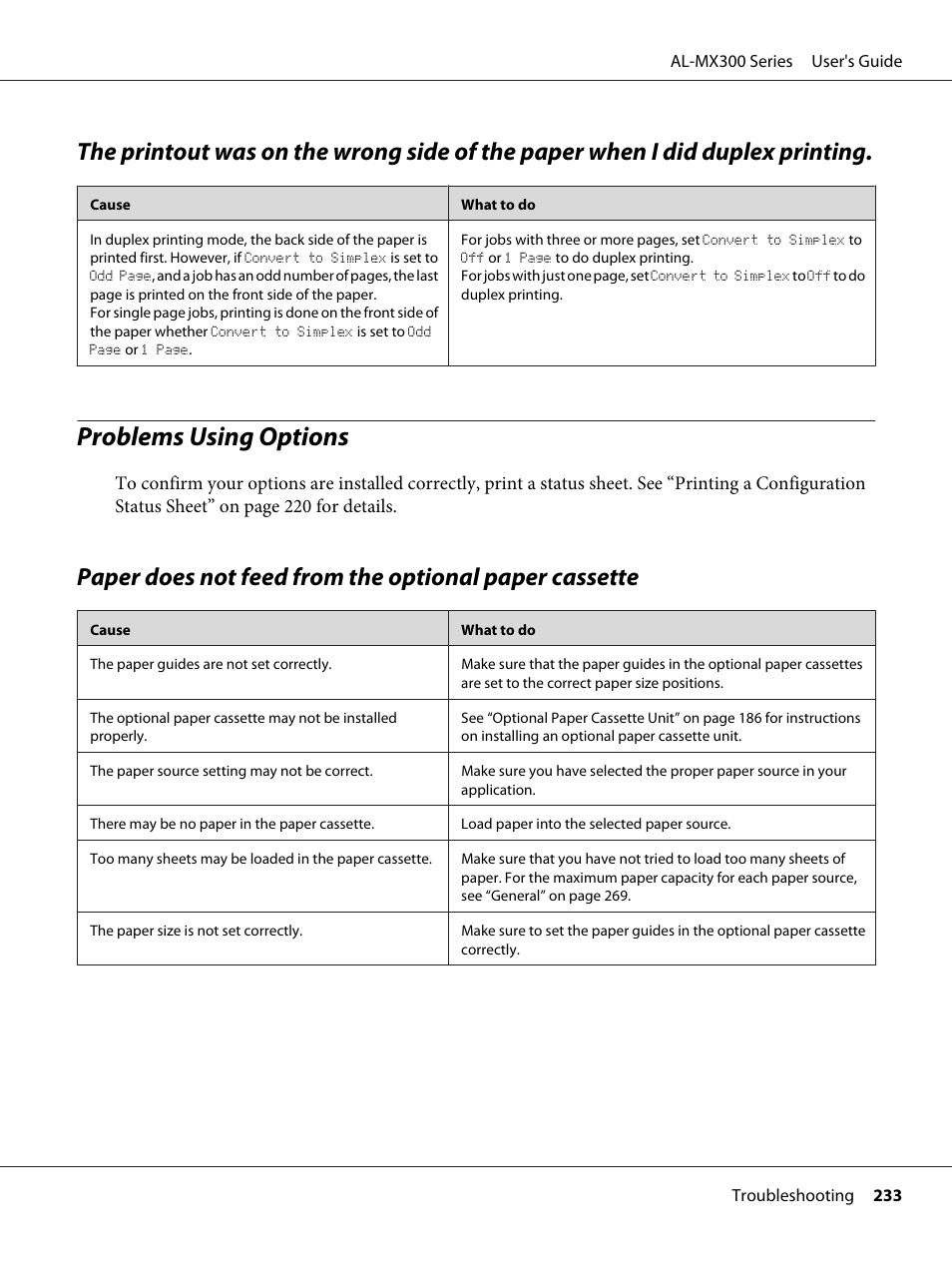 Problems using options | Epson WorkForce AL-MX300DN User Manual | Page 233 / 287