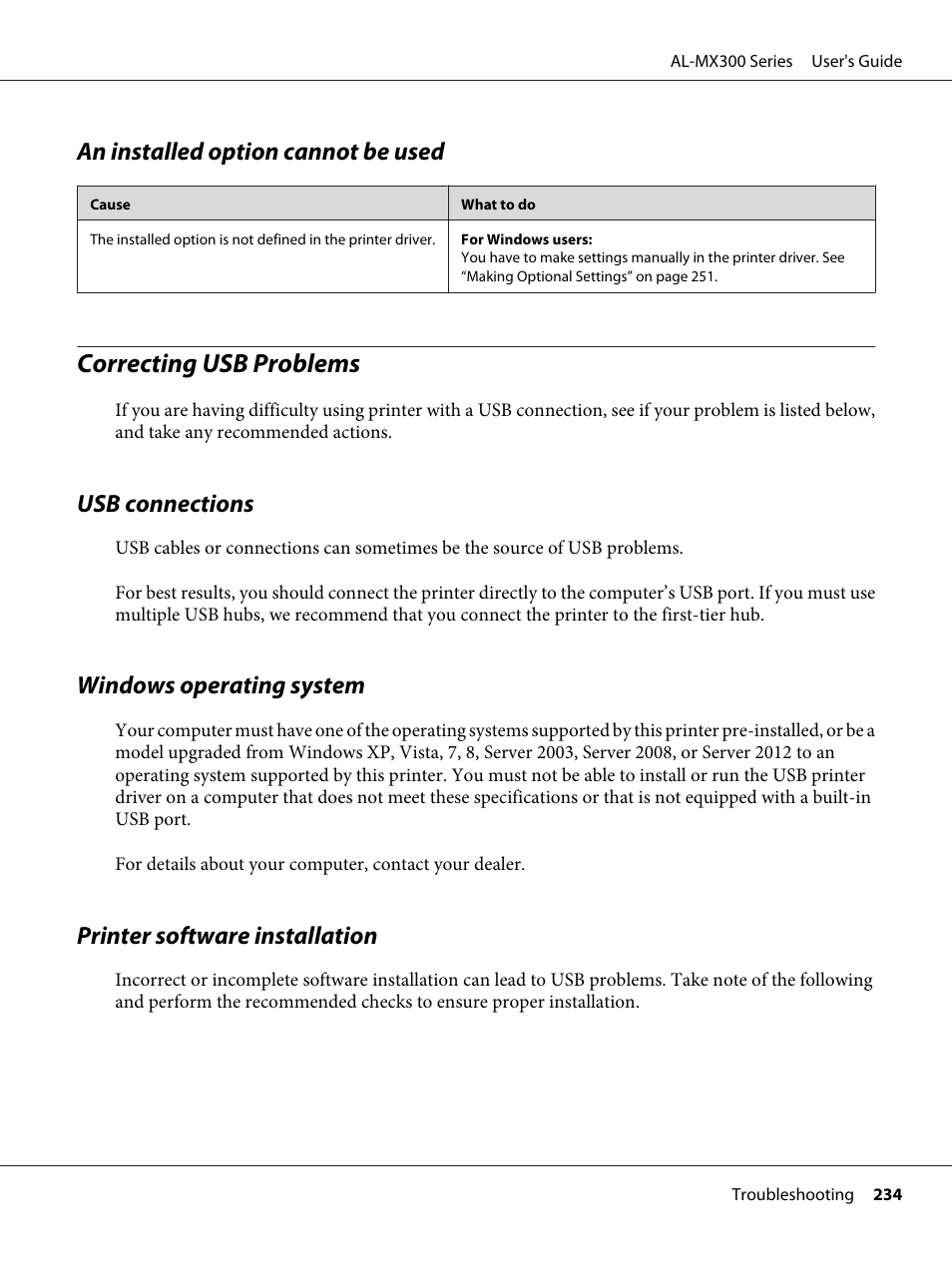 An installed option cannot be used, Correcting usb problems, Usb connections | Windows operating system, Printer software installation | Epson WorkForce AL-MX300DN User Manual | Page 234 / 287