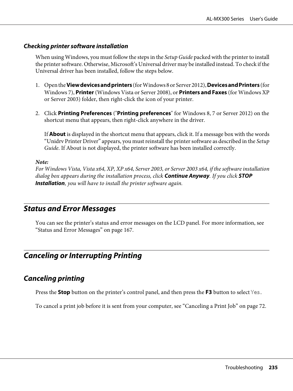 Status and error messages, Canceling or interrupting printing, Canceling printing | Epson WorkForce AL-MX300DN User Manual | Page 235 / 287