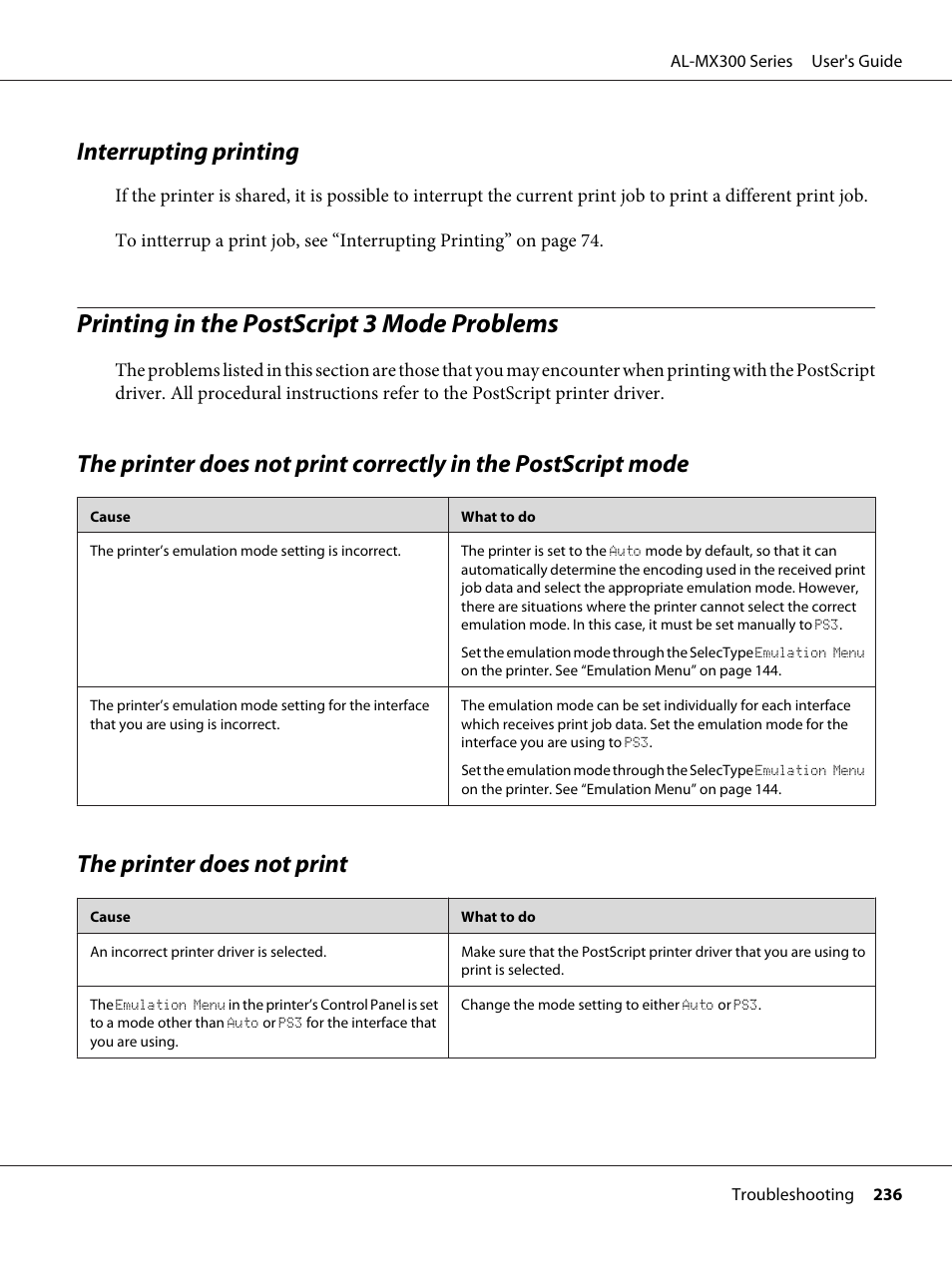 Interrupting printing, Printing in the postscript 3 mode problems, The printer does not print | Epson WorkForce AL-MX300DN User Manual | Page 236 / 287