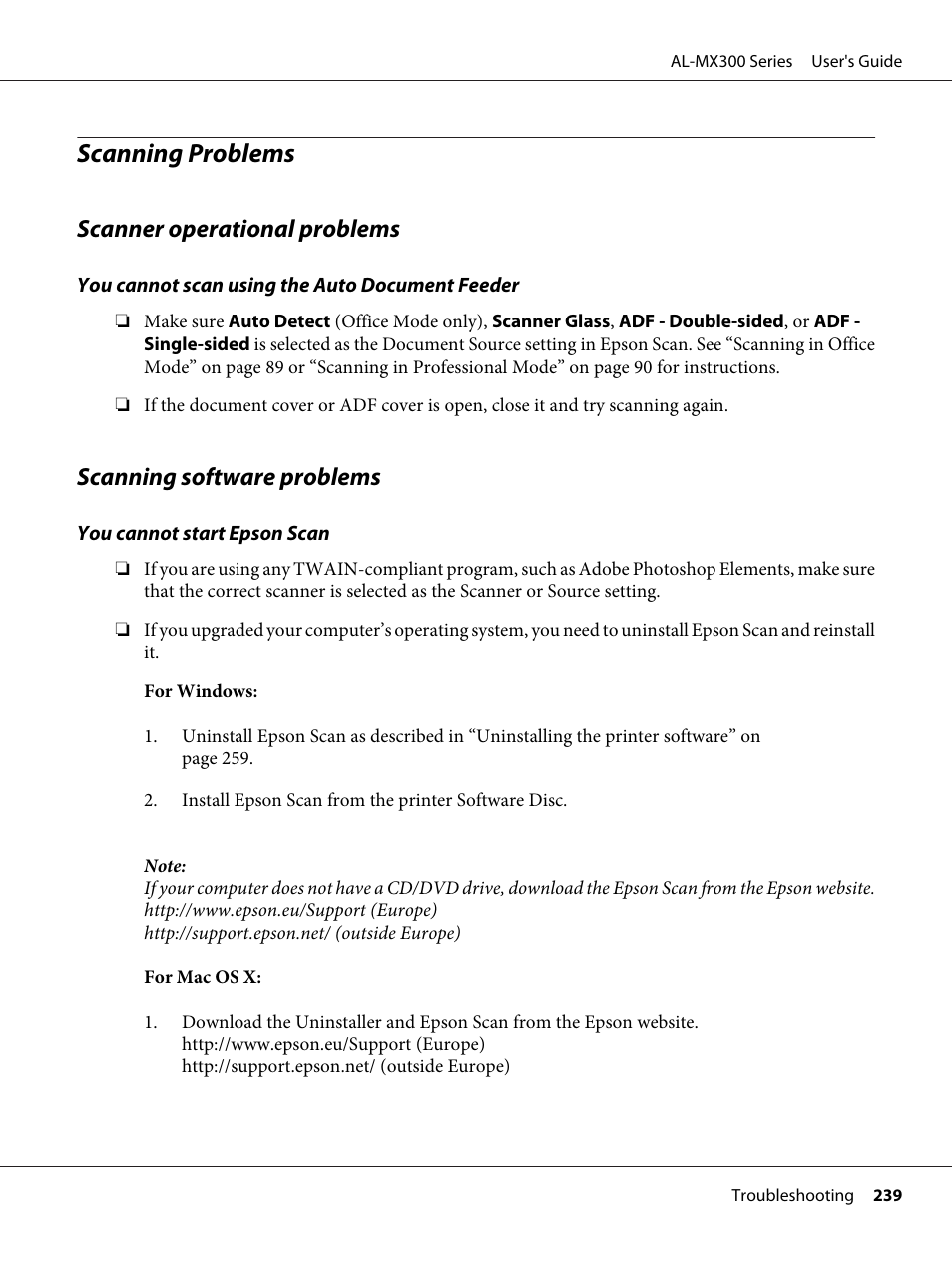 Scanning problems, Scanner operational problems, Scanning software problems | Epson WorkForce AL-MX300DN User Manual | Page 239 / 287