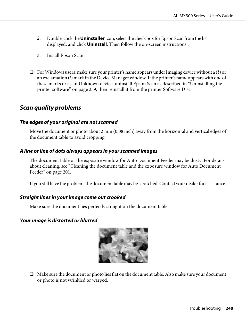 Scan quality problems | Epson WorkForce AL-MX300DN User Manual | Page 240 / 287