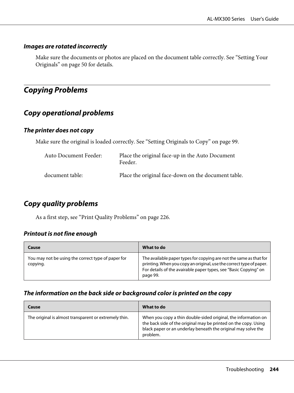 Copying problems, Copy operational problems, Copy quality problems | Copy operational problems copy quality problems | Epson WorkForce AL-MX300DN User Manual | Page 244 / 287