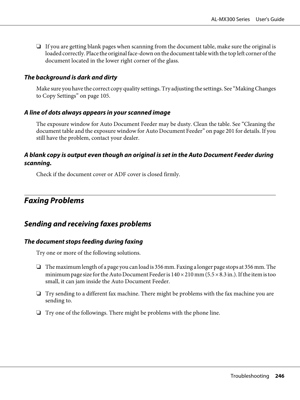 Faxing problems, Sending and receiving faxes problems | Epson WorkForce AL-MX300DN User Manual | Page 246 / 287