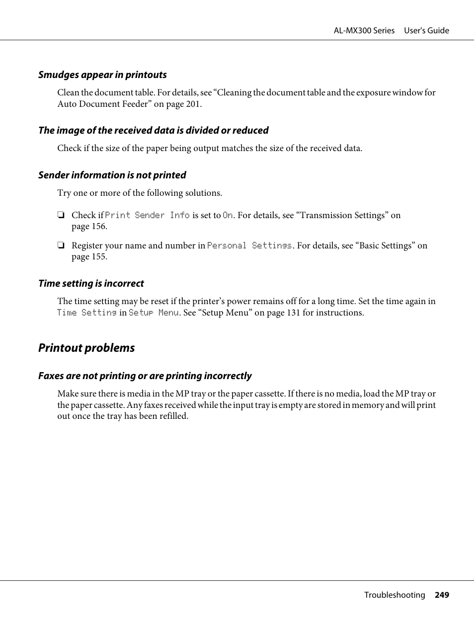 Printout problems | Epson WorkForce AL-MX300DN User Manual | Page 249 / 287