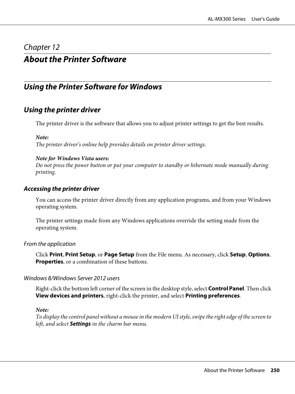 About the printer software, Using the printer software for windows, Using the printer driver | Chapter 12 about the printer software, Chapter 12 | Epson WorkForce AL-MX300DN User Manual | Page 250 / 287