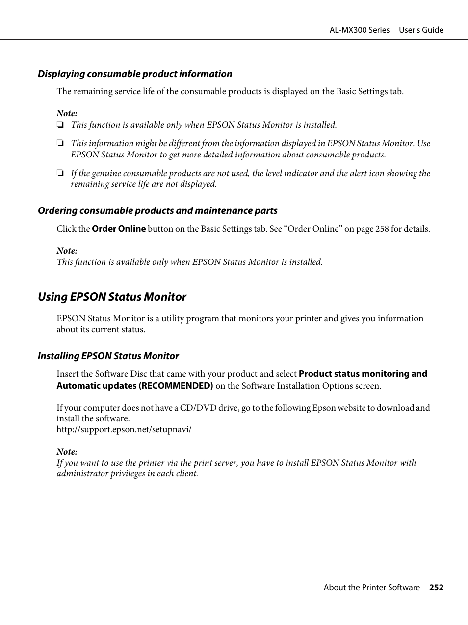 Using epson status monitor | Epson WorkForce AL-MX300DN User Manual | Page 252 / 287