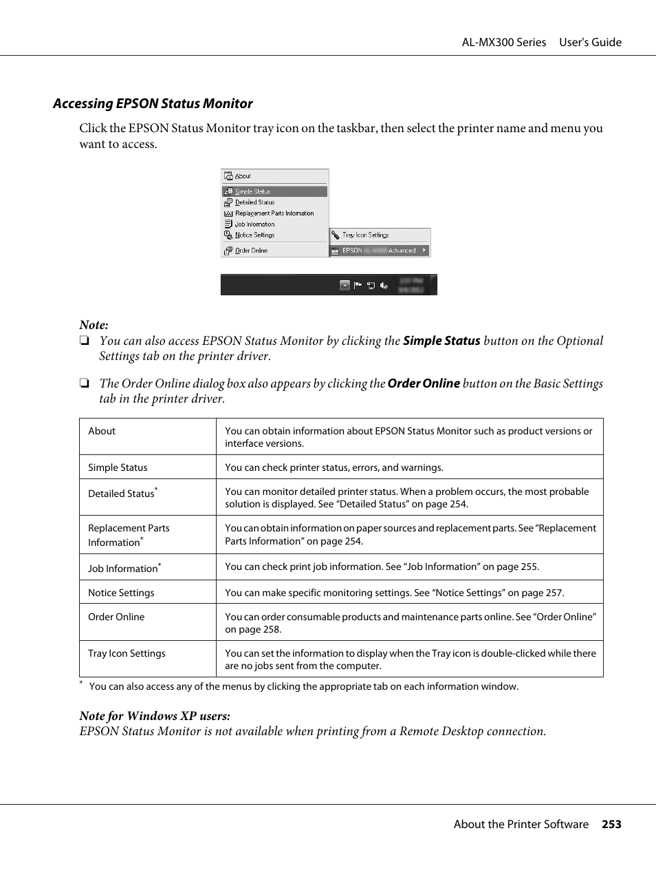 Accessing epson status monitor | Epson WorkForce AL-MX300DN User Manual | Page 253 / 287