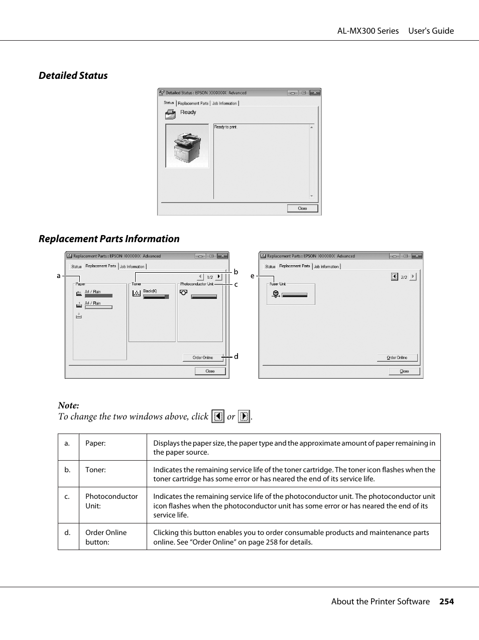 Detailed status replacement parts information | Epson WorkForce AL-MX300DN User Manual | Page 254 / 287