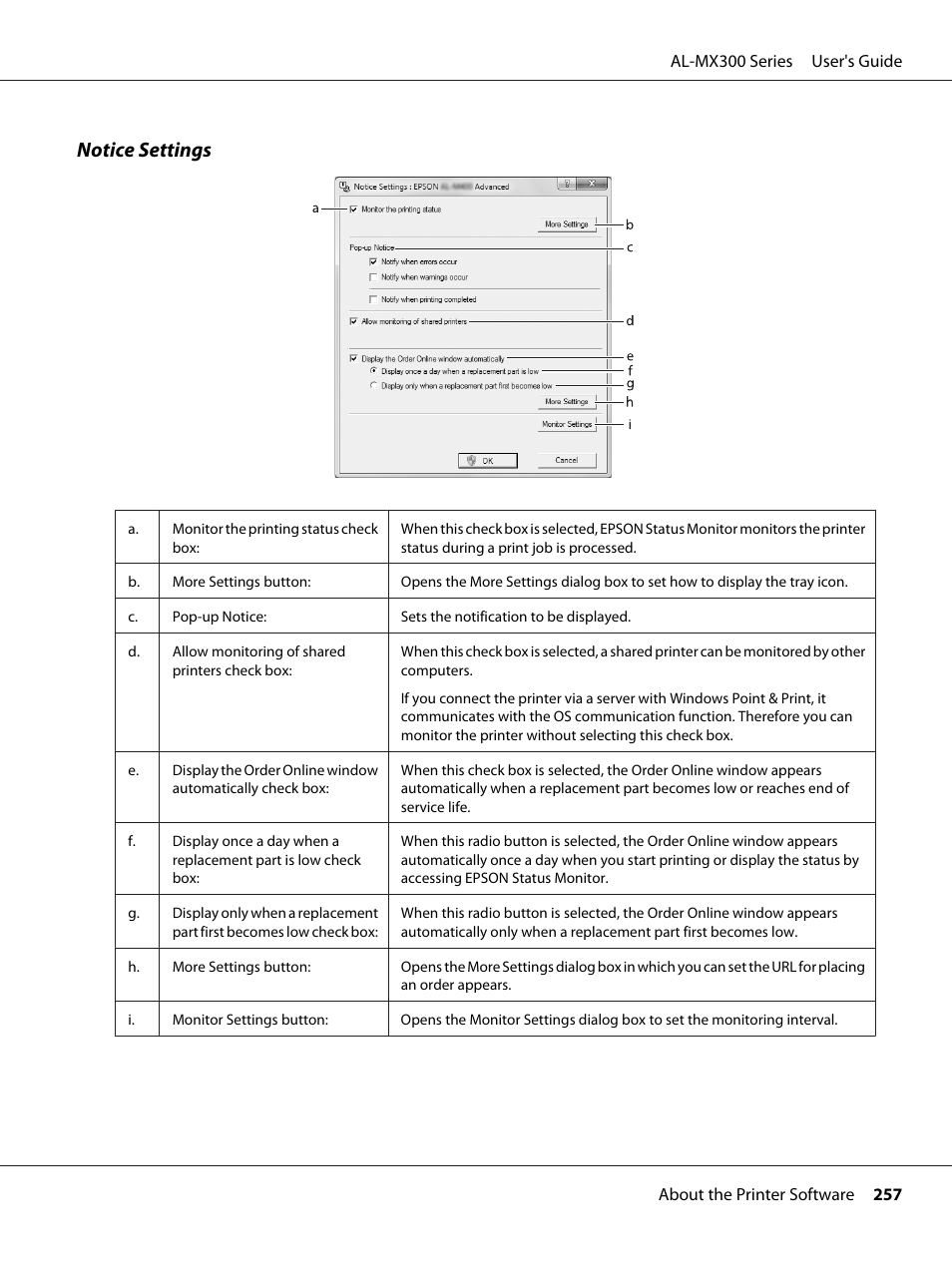 Notice settings | Epson WorkForce AL-MX300DN User Manual | Page 257 / 287