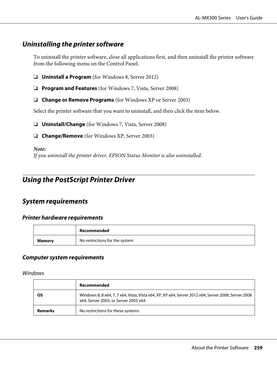 Uninstalling the printer software, Using the postscript printer driver, System requirements | Epson WorkForce AL-MX300DN User Manual | Page 259 / 287