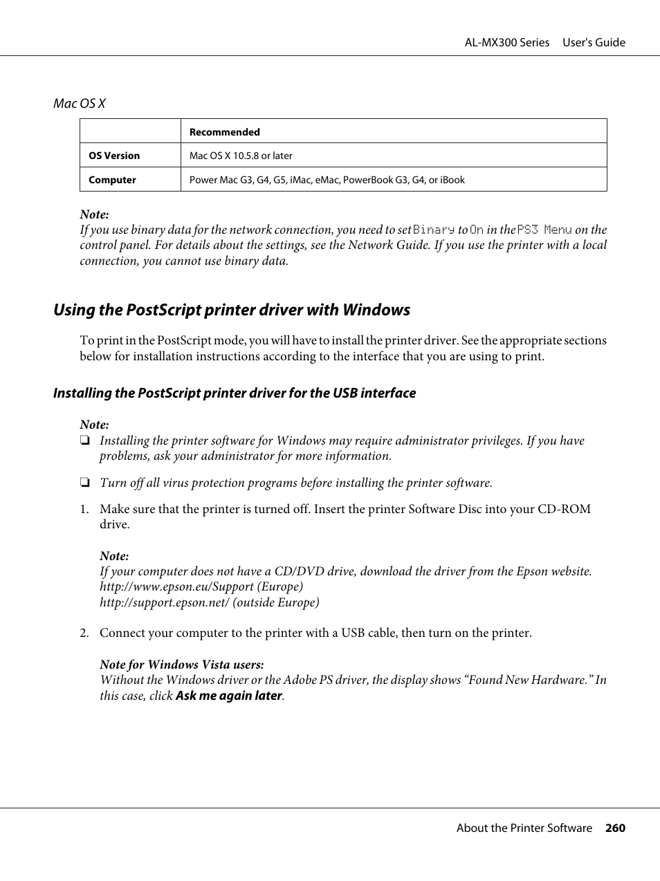 Using the postscript printer driver with windows | Epson WorkForce AL-MX300DN User Manual | Page 260 / 287