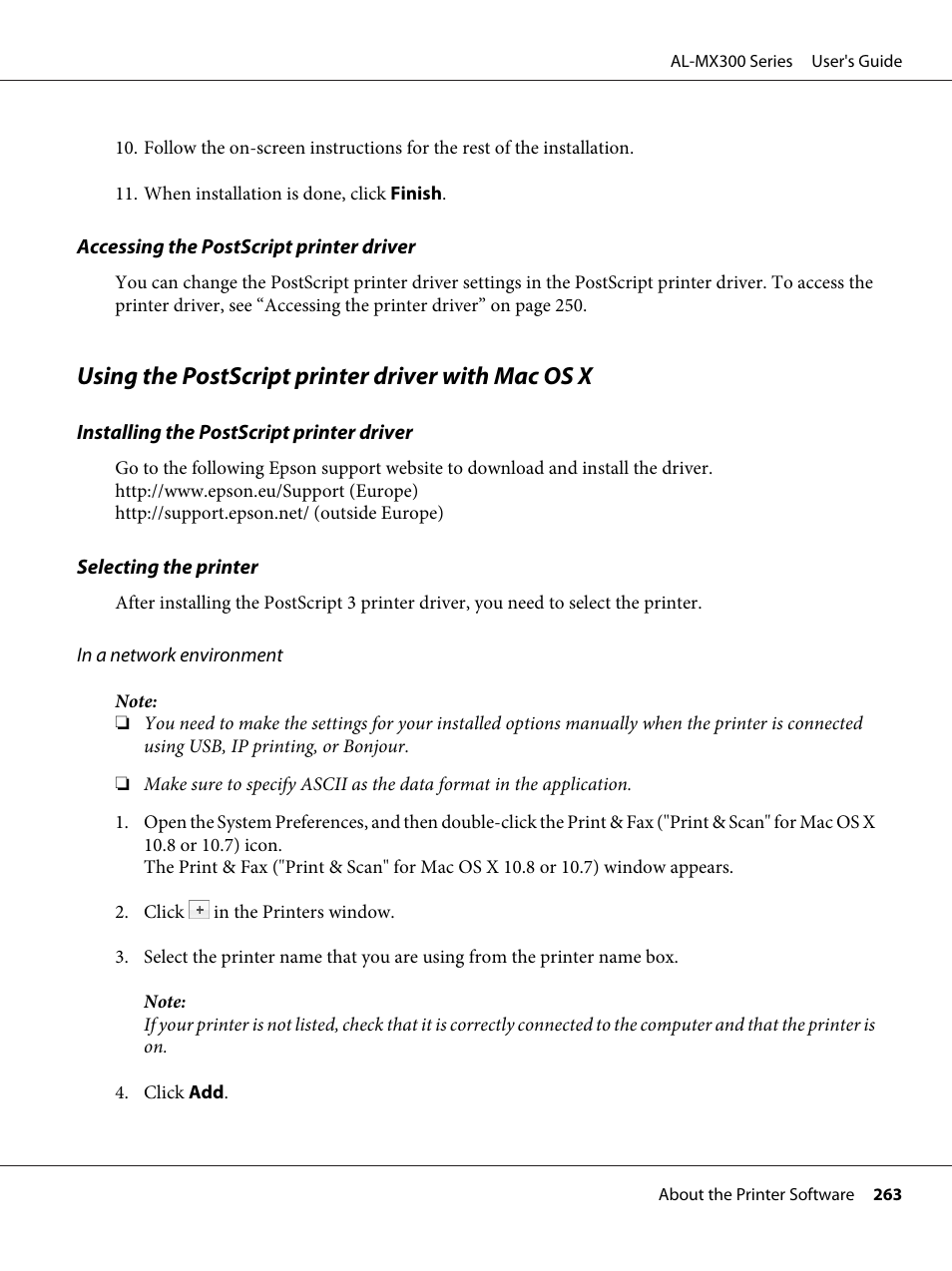 Using the postscript printer driver with mac os x | Epson WorkForce AL-MX300DN User Manual | Page 263 / 287