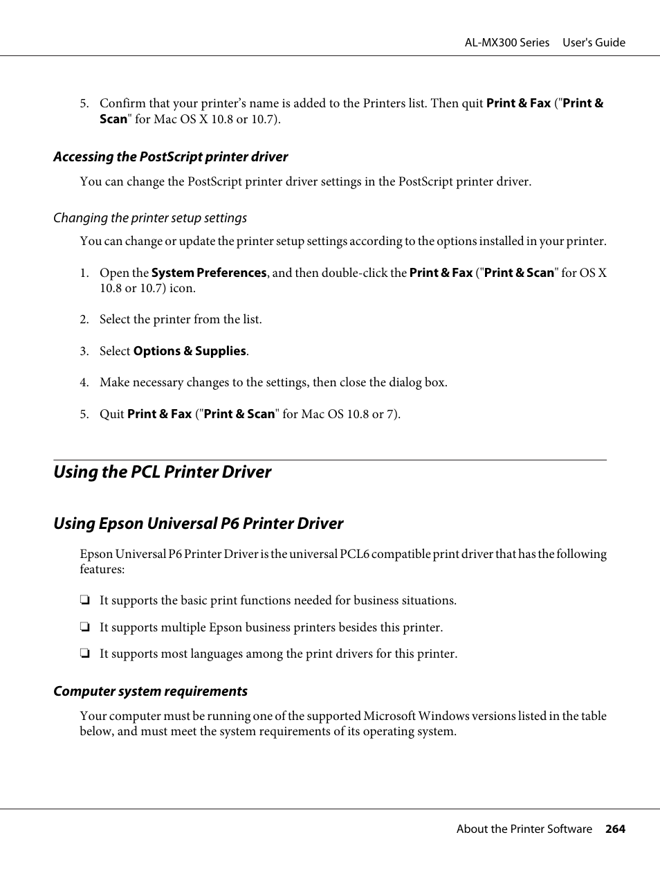 Using the pcl printer driver, Using epson universal p6 printer driver | Epson WorkForce AL-MX300DN User Manual | Page 264 / 287