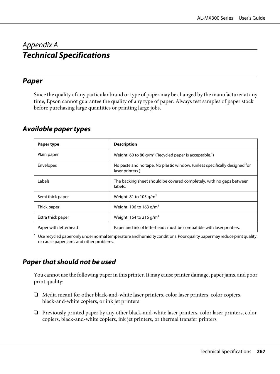 Technical specifications, Paper, Available paper types | Paper that should not be used, Appendix a technical specifications, Appendix a | Epson WorkForce AL-MX300DN User Manual | Page 267 / 287