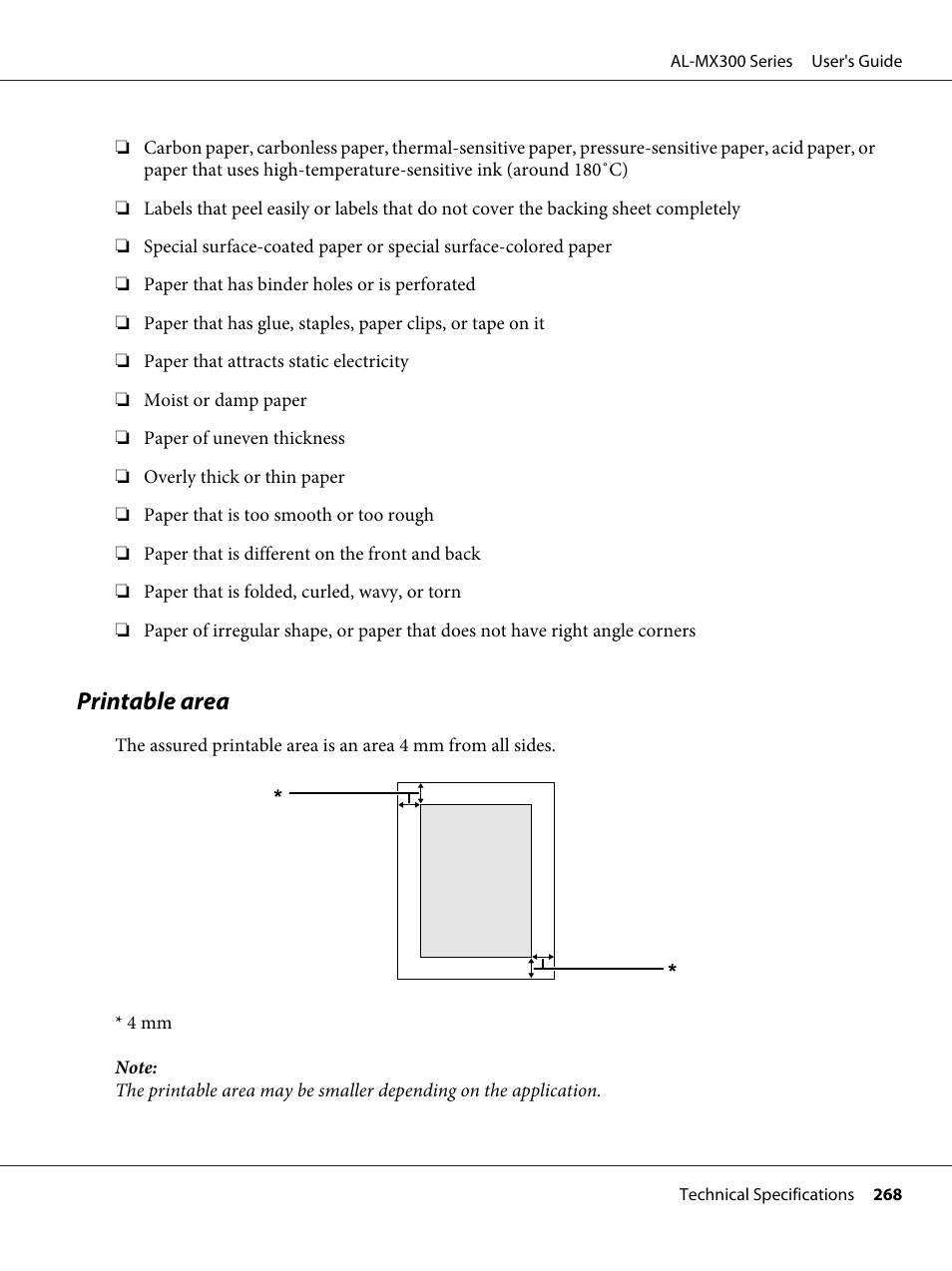 Printable area | Epson WorkForce AL-MX300DN User Manual | Page 268 / 287