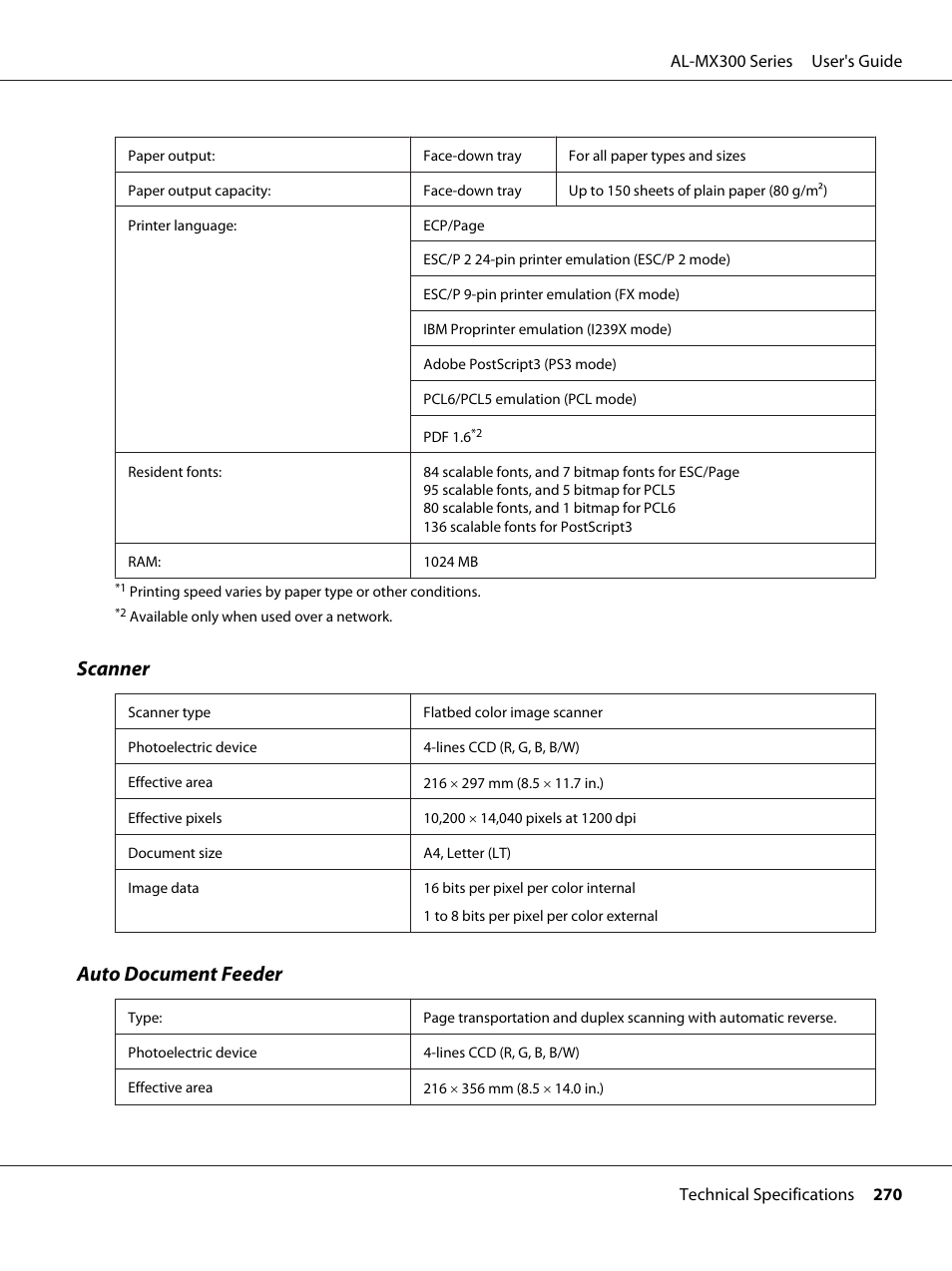 Scanner, Auto document feeder | Epson WorkForce AL-MX300DN User Manual | Page 270 / 287