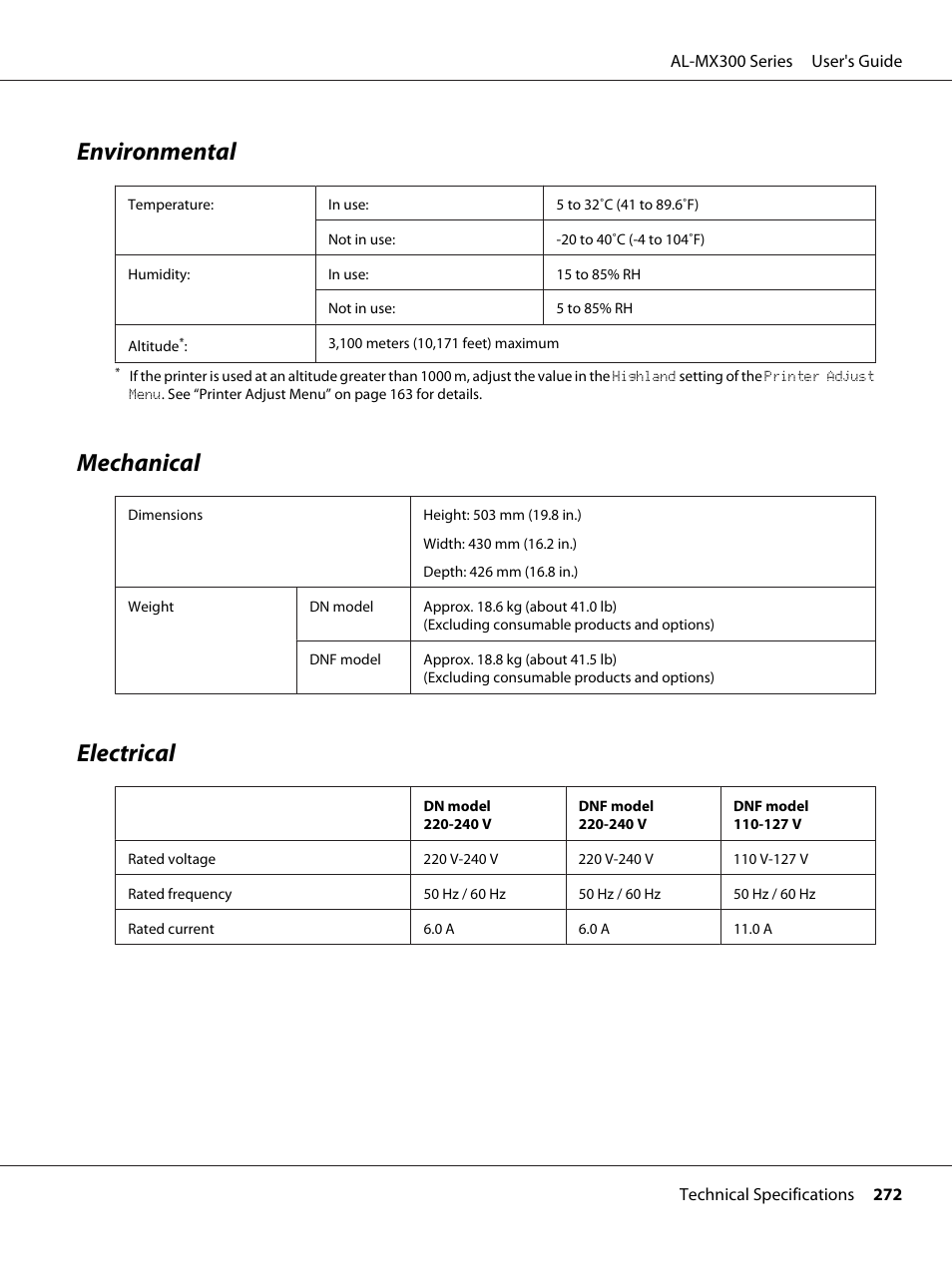 Environmental, Mechanical, Electrical | Environmental mechanical electrical | Epson WorkForce AL-MX300DN User Manual | Page 272 / 287