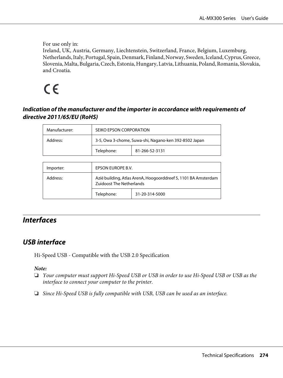 Interfaces, Usb interface | Epson WorkForce AL-MX300DN User Manual | Page 274 / 287