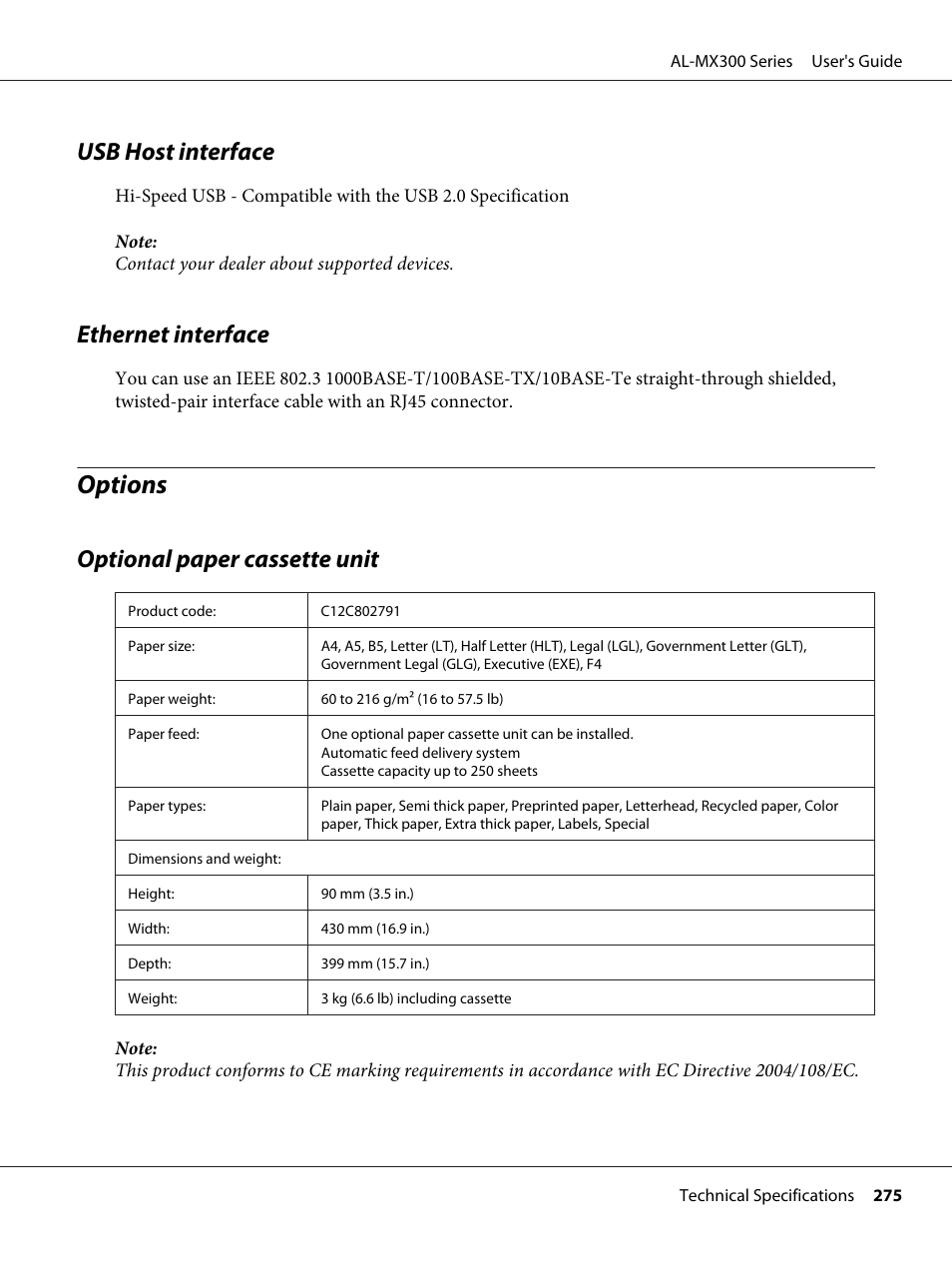 Usb host interface, Ethernet interface, Options | Optional paper cassette unit, Usb host interface ethernet interface | Epson WorkForce AL-MX300DN User Manual | Page 275 / 287