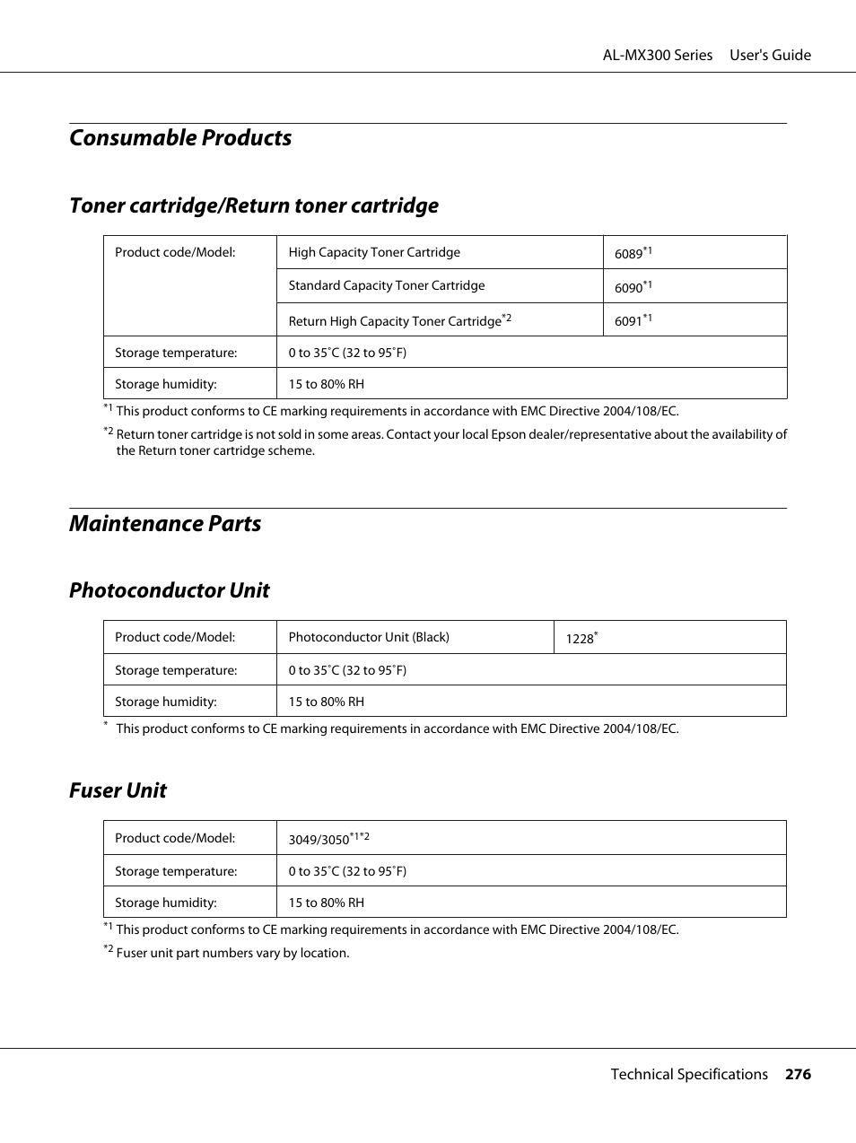 Consumable products, Toner cartridge/return toner cartridge, Maintenance parts | Photoconductor unit, Fuser unit, Photoconductor unit fuser unit | Epson WorkForce AL-MX300DN User Manual | Page 276 / 287