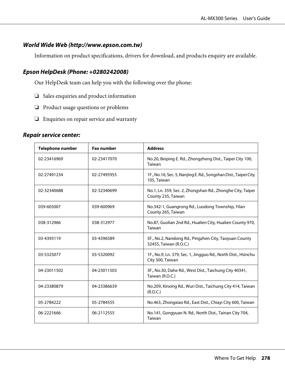 Repair service center | Epson WorkForce AL-MX300DN User Manual | Page 278 / 287