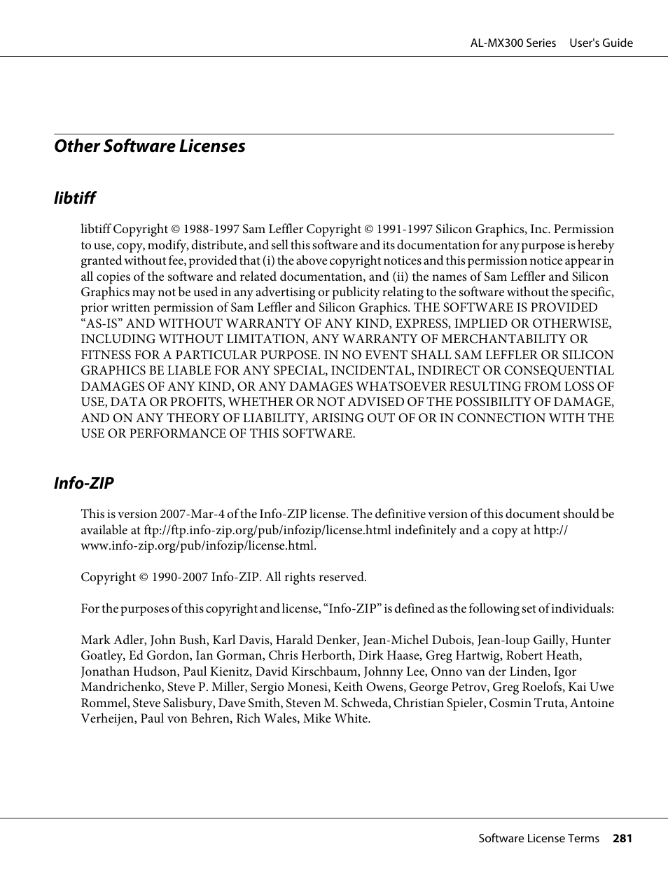 Other software licenses, Libtiff, Info-zip | Libtiff info-zip | Epson WorkForce AL-MX300DN User Manual | Page 281 / 287