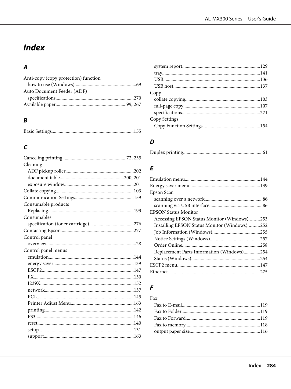 Index | Epson WorkForce AL-MX300DN User Manual | Page 284 / 287