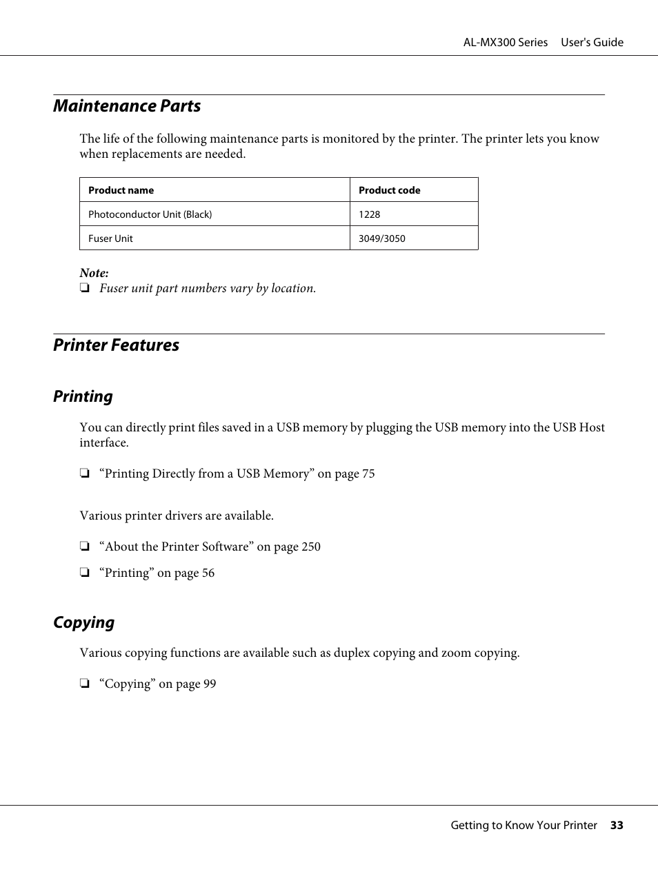 Maintenance parts, Printer features, Printing | Copying, Maintenance parts printer features, Printing copying | Epson WorkForce AL-MX300DN User Manual | Page 33 / 287