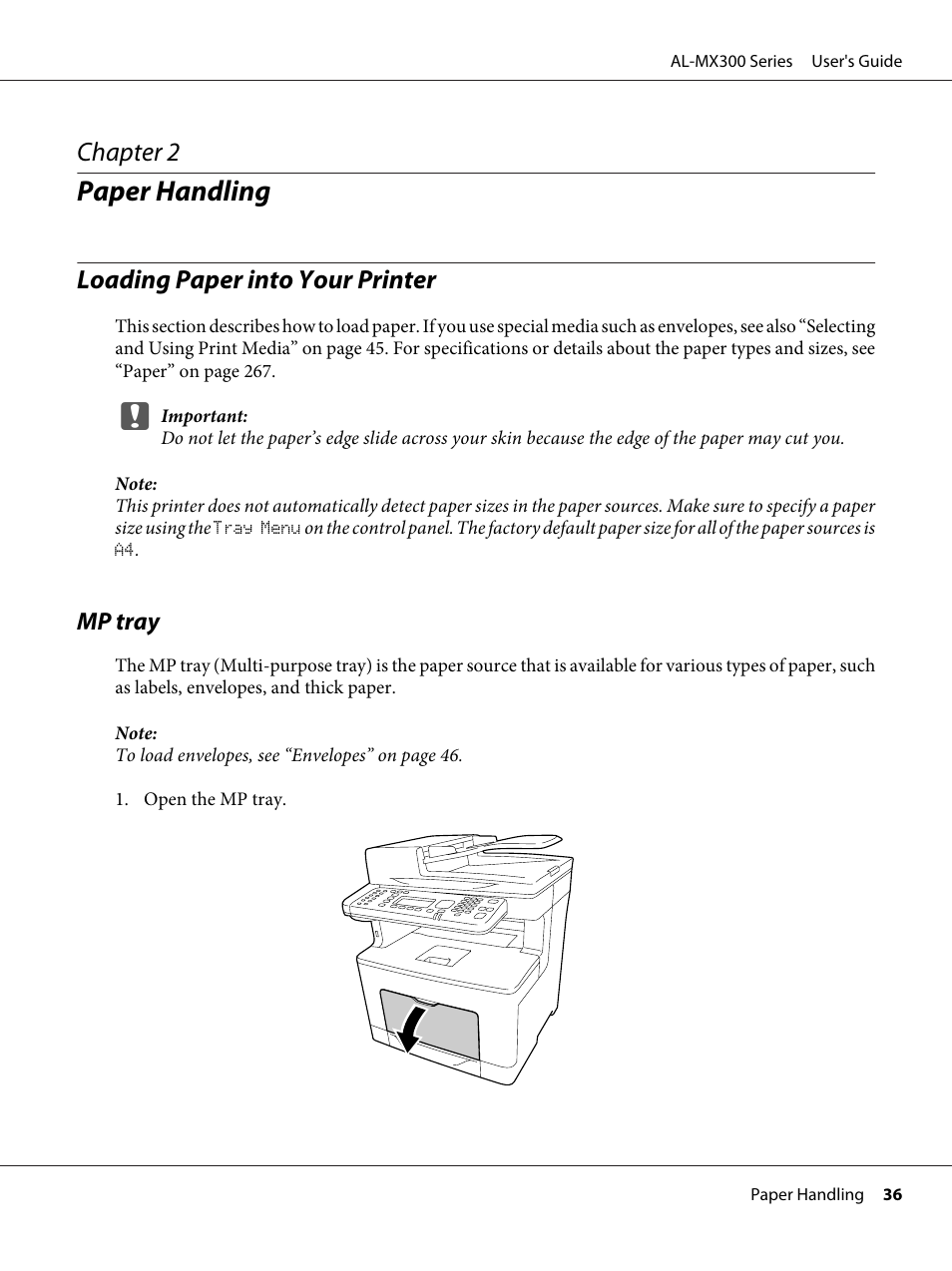 Paper handling, Loading paper into your printer, Mp tray | Chapter 2 paper handling, Chapter 2 | Epson WorkForce AL-MX300DN User Manual | Page 36 / 287