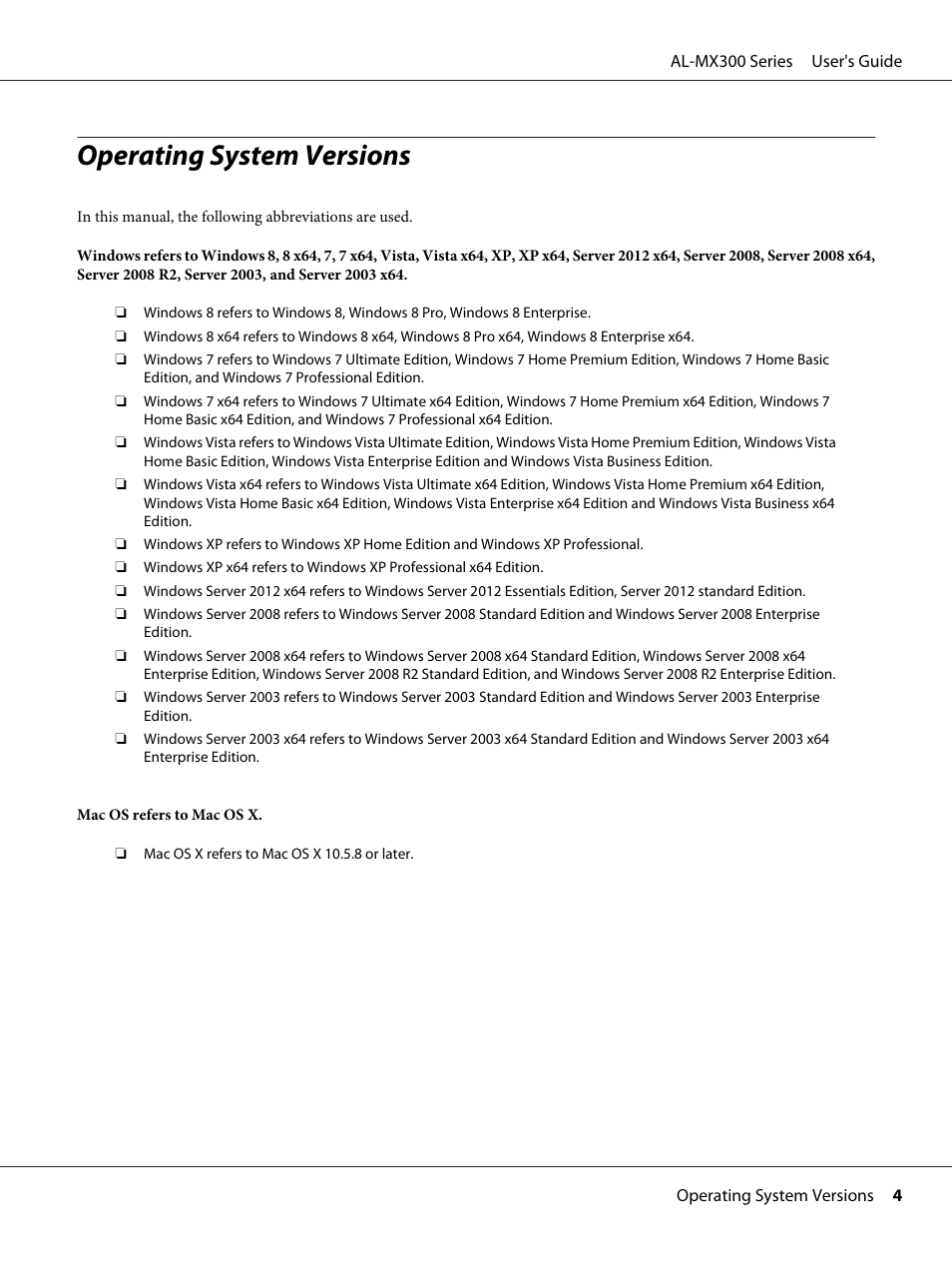 Operating system versions | Epson WorkForce AL-MX300DN User Manual | Page 4 / 287