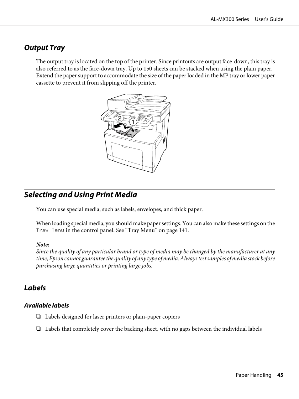 Output tray, Selecting and using print media, Labels | Epson WorkForce AL-MX300DN User Manual | Page 45 / 287