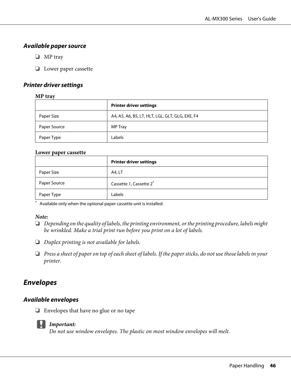 Envelopes | Epson WorkForce AL-MX300DN User Manual | Page 46 / 287