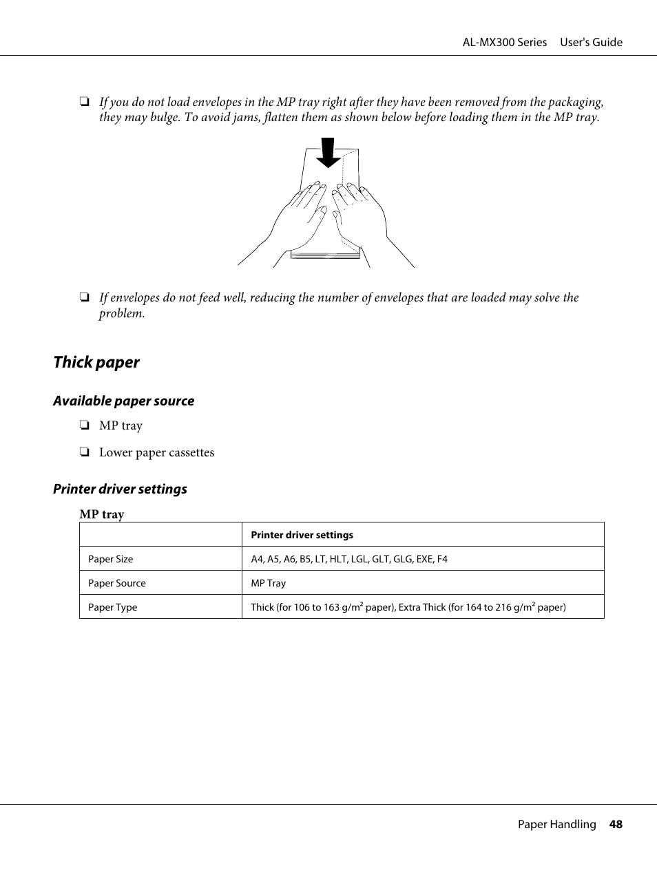 Thick paper | Epson WorkForce AL-MX300DN User Manual | Page 48 / 287