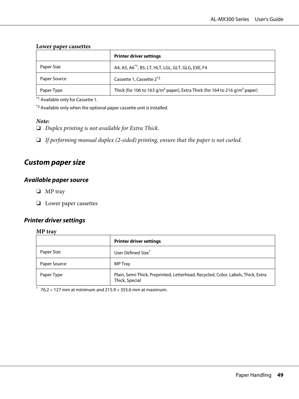 Custom paper size, Available paper source, Printer driver settings | Epson WorkForce AL-MX300DN User Manual | Page 49 / 287