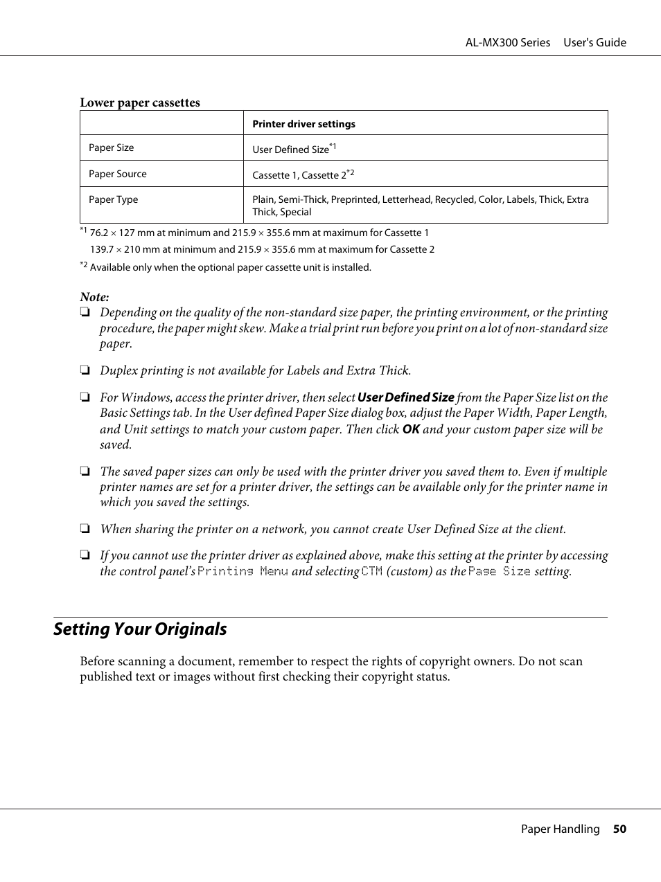 Setting your originals | Epson WorkForce AL-MX300DN User Manual | Page 50 / 287