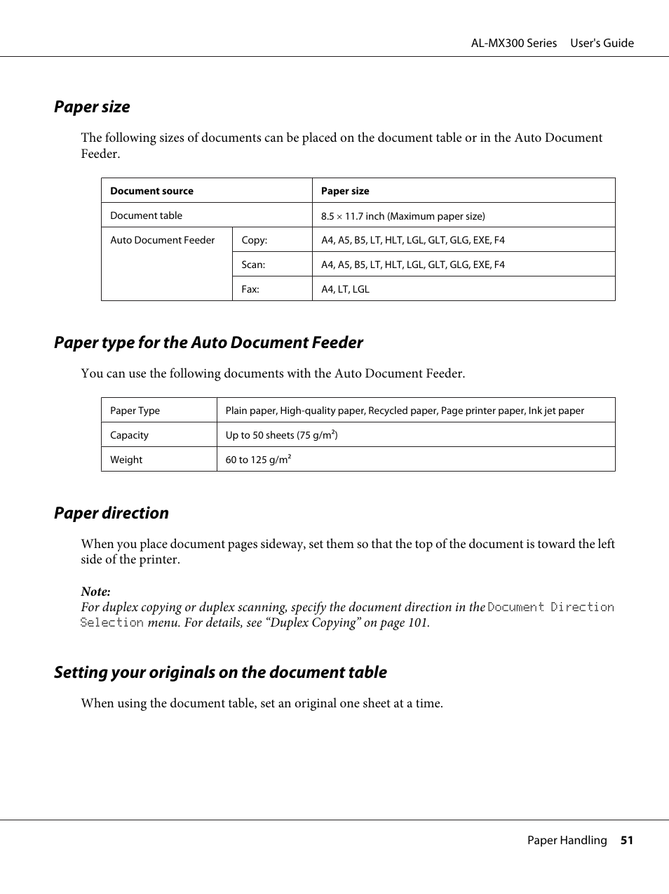 Paper size, Paper type for the auto document feeder, Paper direction | Setting your originals on the document table | Epson WorkForce AL-MX300DN User Manual | Page 51 / 287