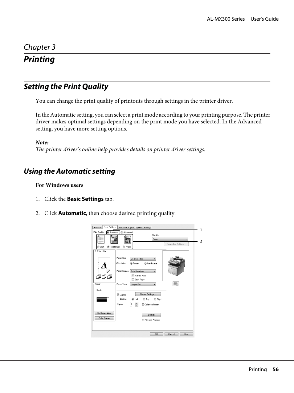 Printing, Setting the print quality, Using the automatic setting | Chapter 3 printing, Chapter 3 | Epson WorkForce AL-MX300DN User Manual | Page 56 / 287