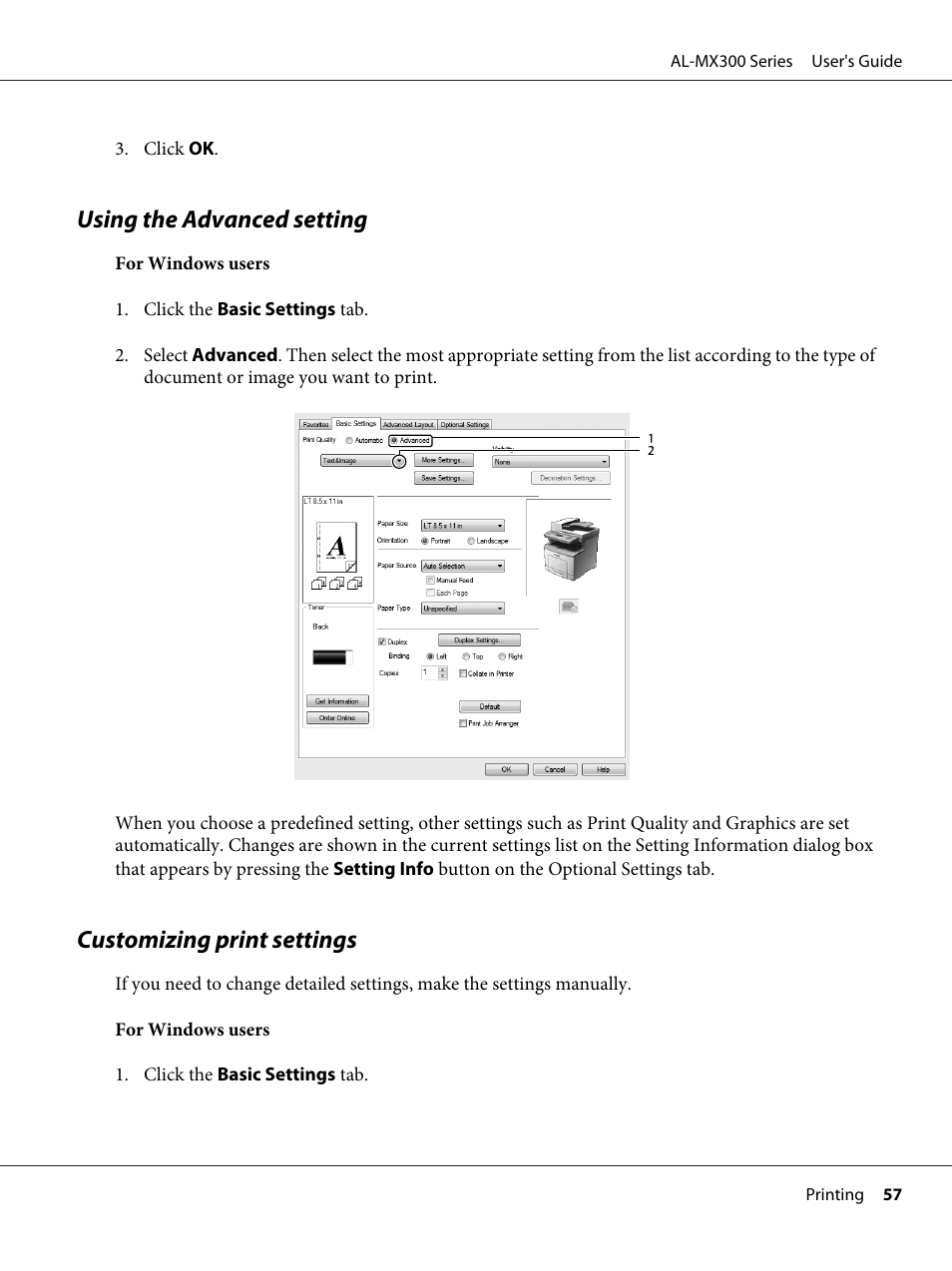 Using the advanced setting, Customizing print settings | Epson WorkForce AL-MX300DN User Manual | Page 57 / 287