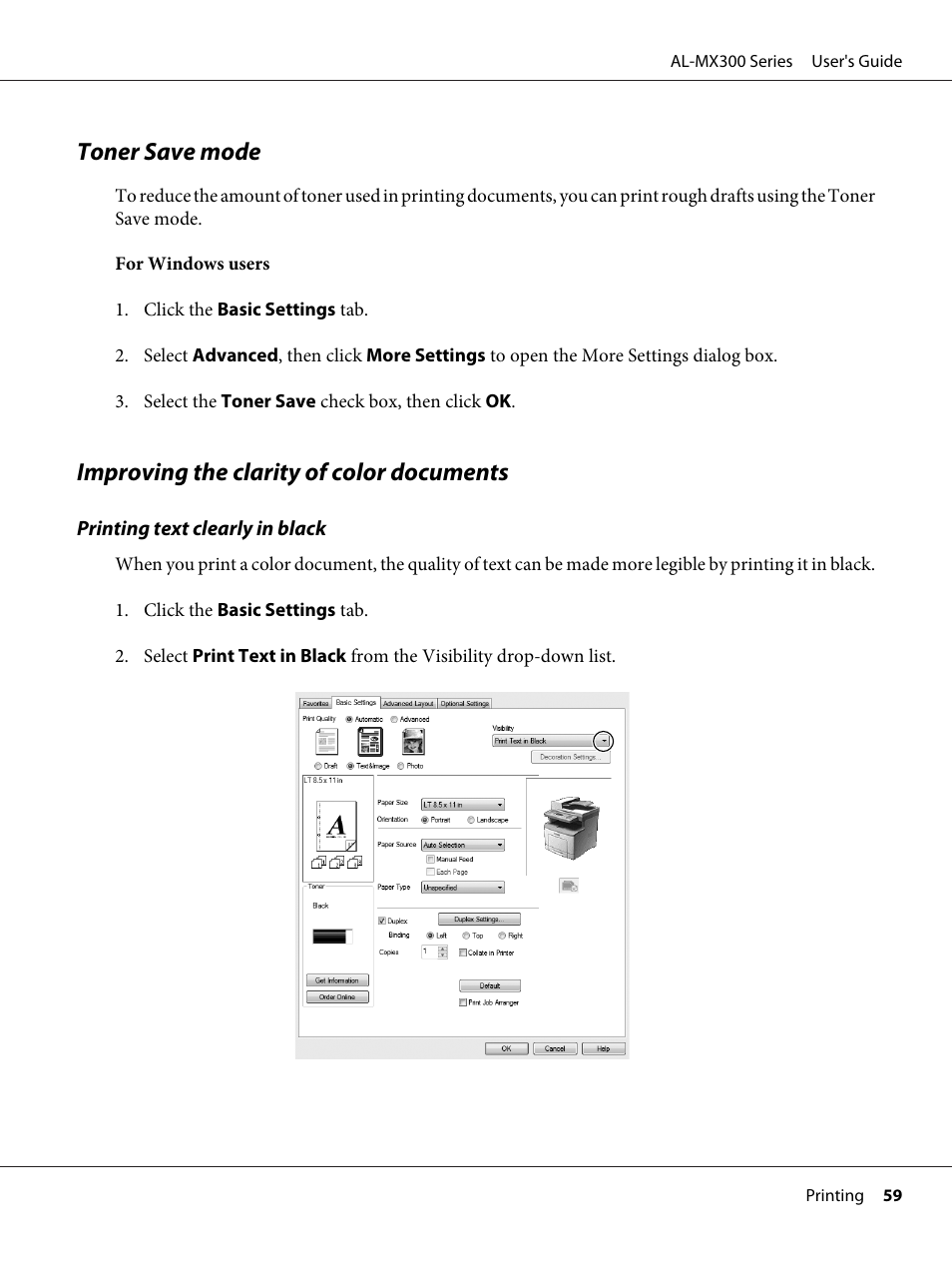 Toner save mode, Improving the clarity of color documents | Epson WorkForce AL-MX300DN User Manual | Page 59 / 287