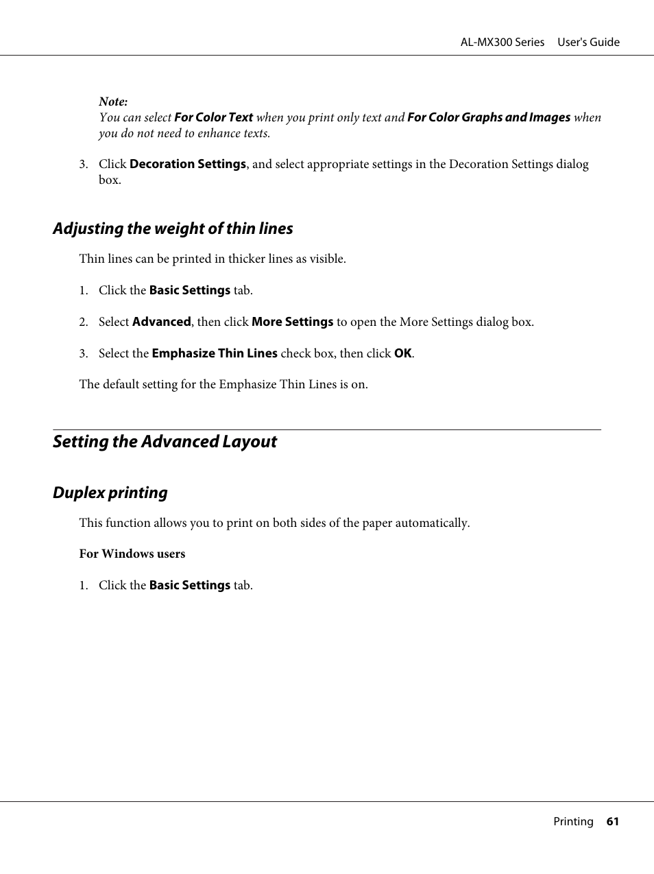 Adjusting the weight of thin lines, Setting the advanced layout, Duplex printing | Epson WorkForce AL-MX300DN User Manual | Page 61 / 287