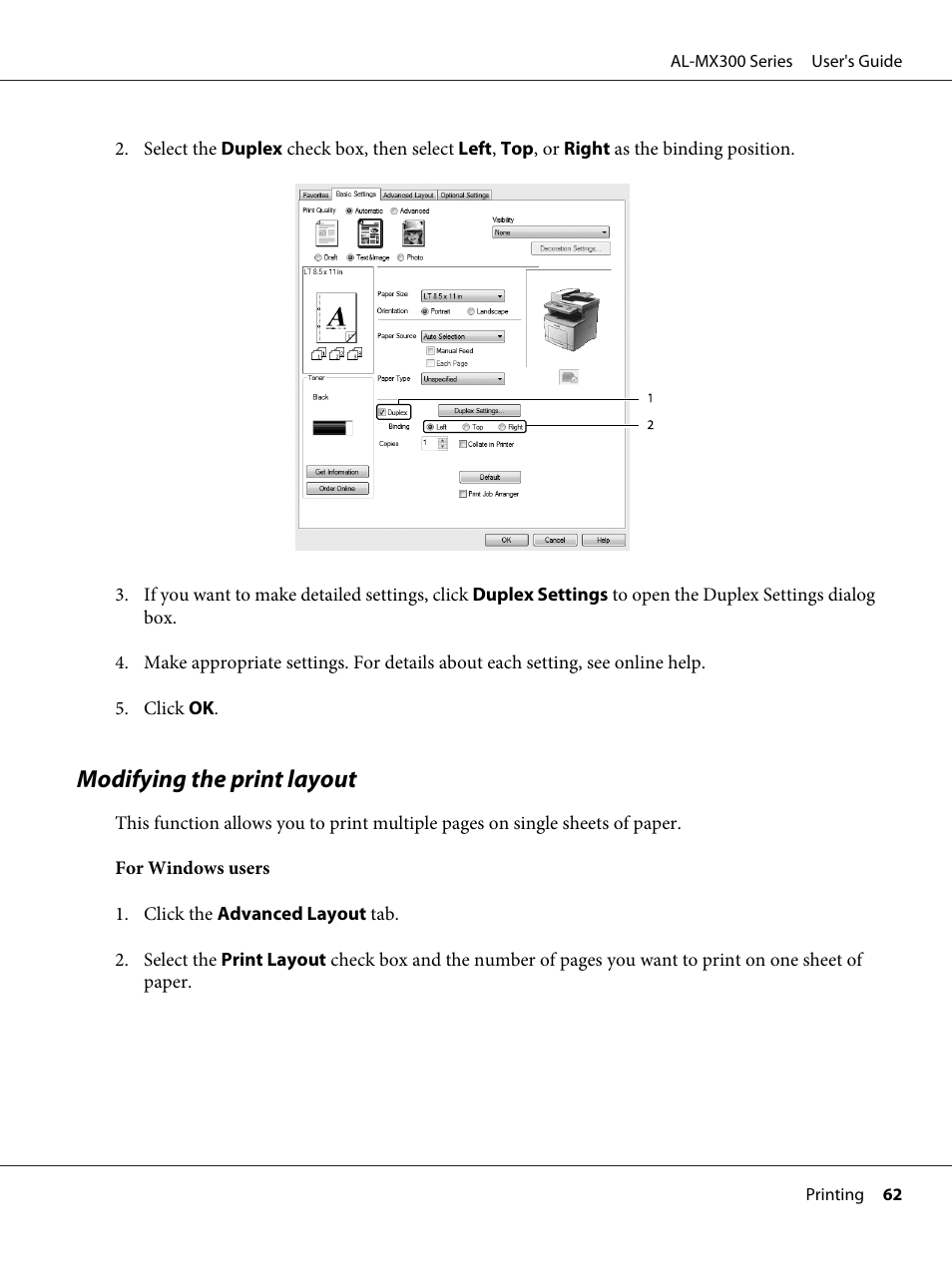 Modifying the print layout | Epson WorkForce AL-MX300DN User Manual | Page 62 / 287