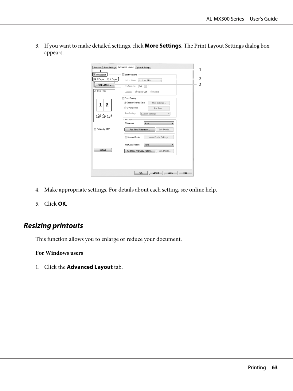 Resizing printouts | Epson WorkForce AL-MX300DN User Manual | Page 63 / 287