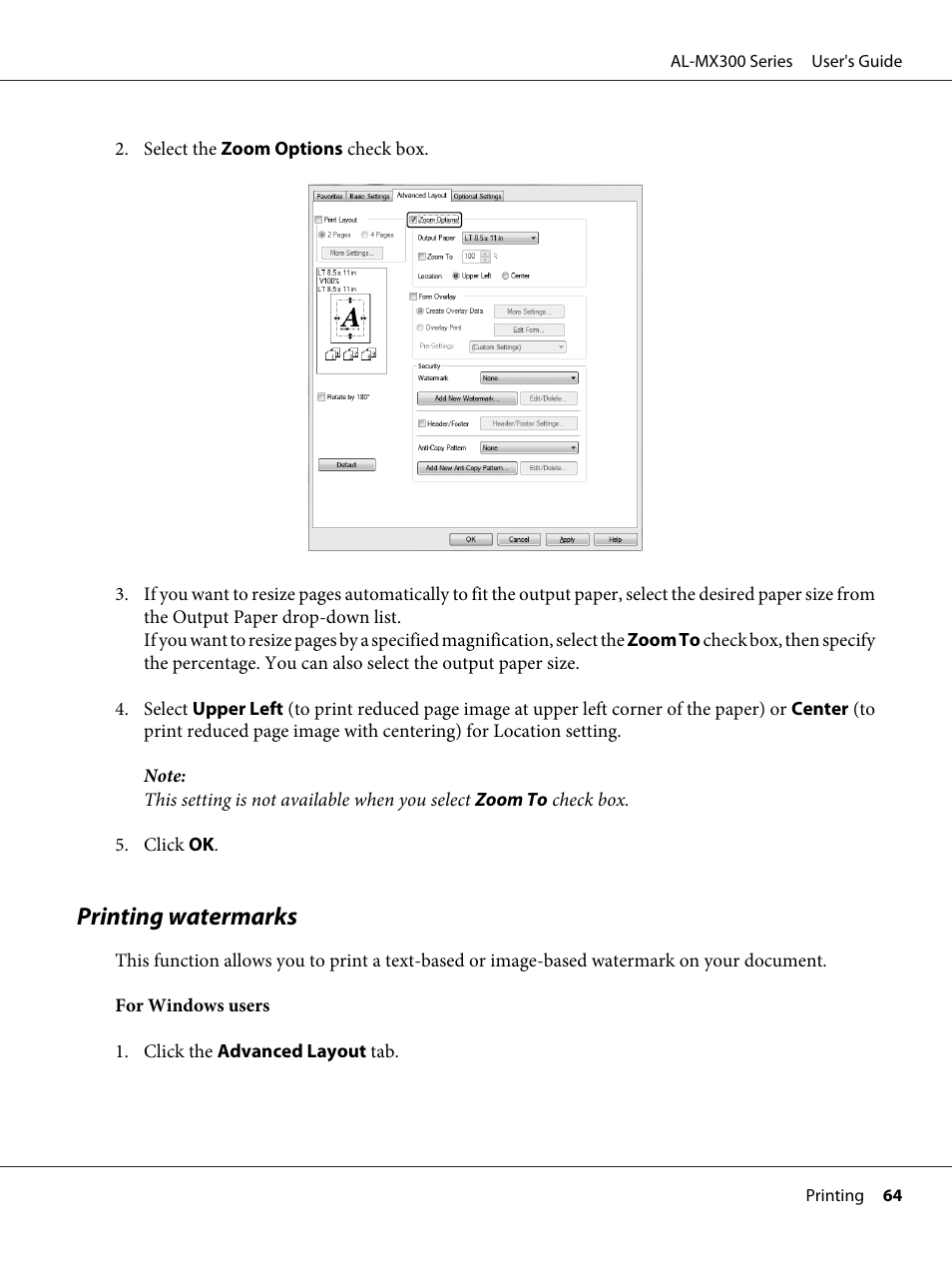 Printing watermarks | Epson WorkForce AL-MX300DN User Manual | Page 64 / 287