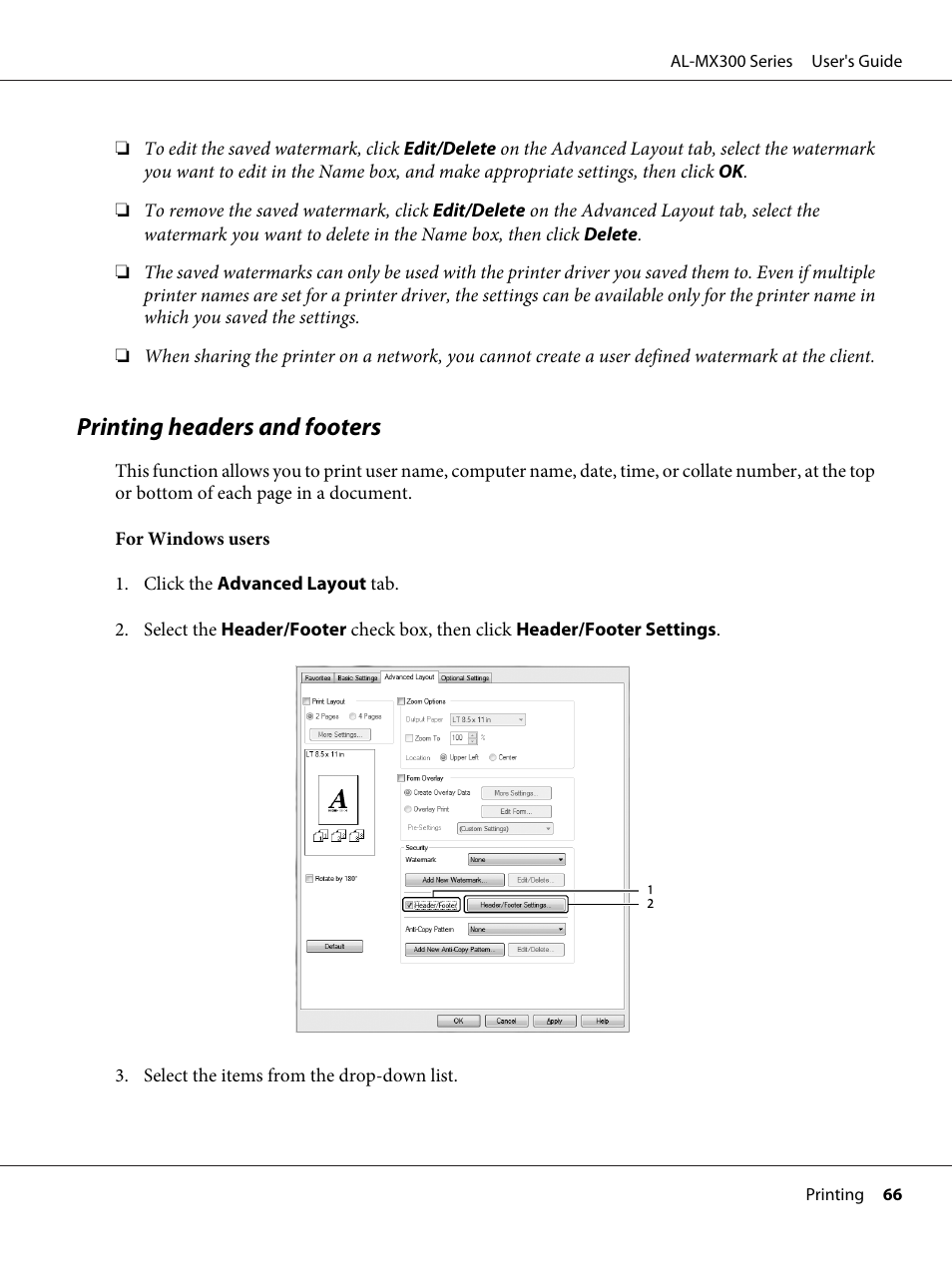 Printing headers and footers | Epson WorkForce AL-MX300DN User Manual | Page 66 / 287