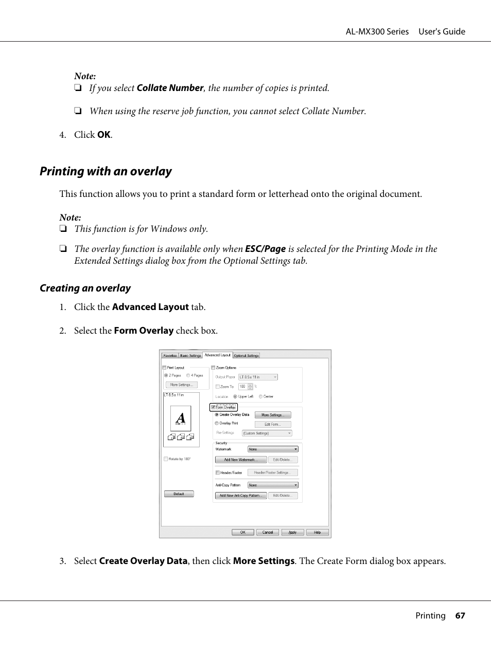 Printing with an overlay | Epson WorkForce AL-MX300DN User Manual | Page 67 / 287