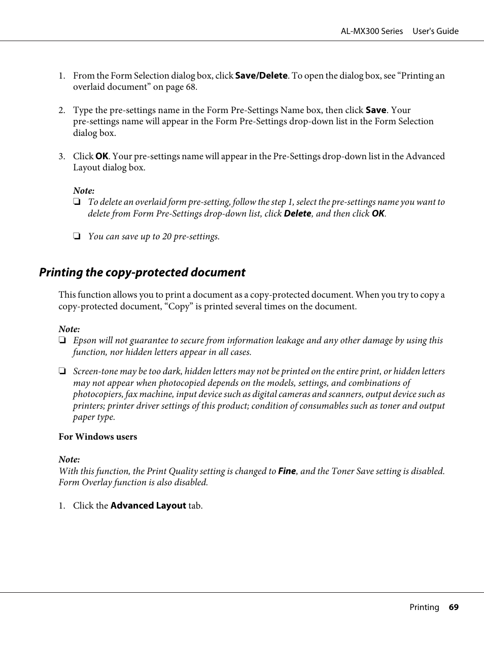 Printing the copy-protected document | Epson WorkForce AL-MX300DN User Manual | Page 69 / 287